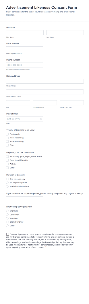 Advertisement Likeness Consent Form Template