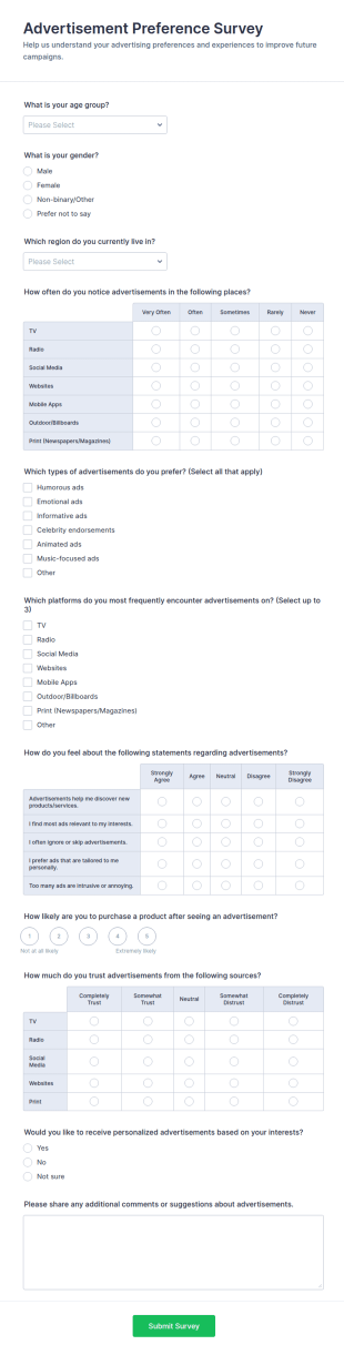 Advertisement Preference Survey Form Template