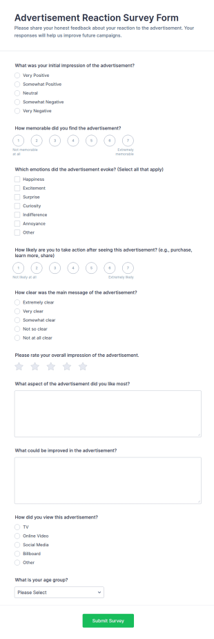 Advertisement Reaction Survey Form Template