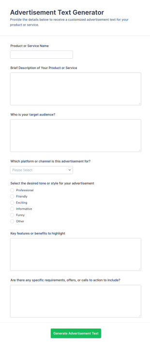 Advertisement Text Generator Form Template