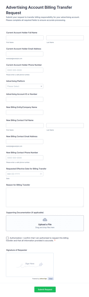 Advertising Account Billing Transfer Request Form Template