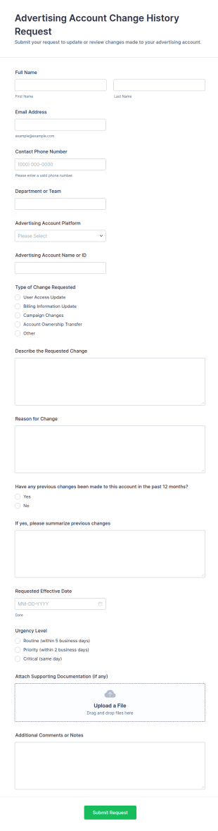 Advertising Account Change History Request Form Template