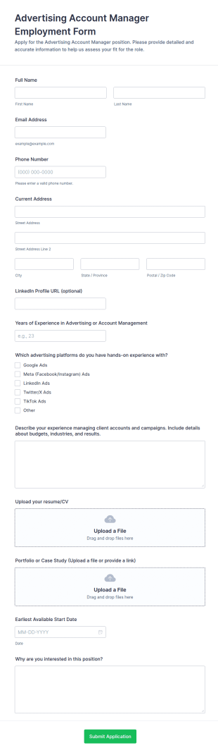 Advertising Account Manager Employment Form Template