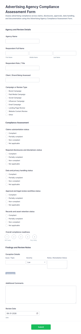 Advertising Agency Compliance Assessment Form Template