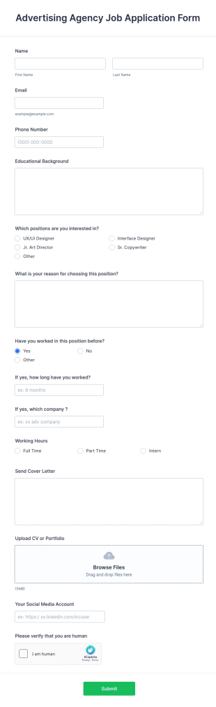 Advertising Agency Job Application Form Template
