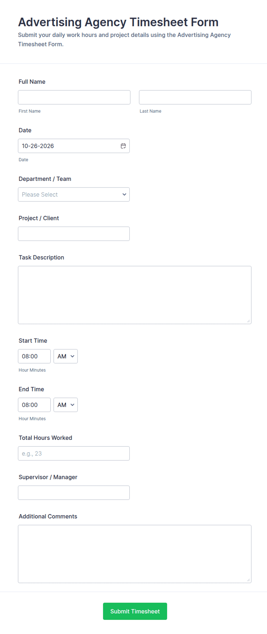 Advertising Agency Timesheet Form Template | Jotform