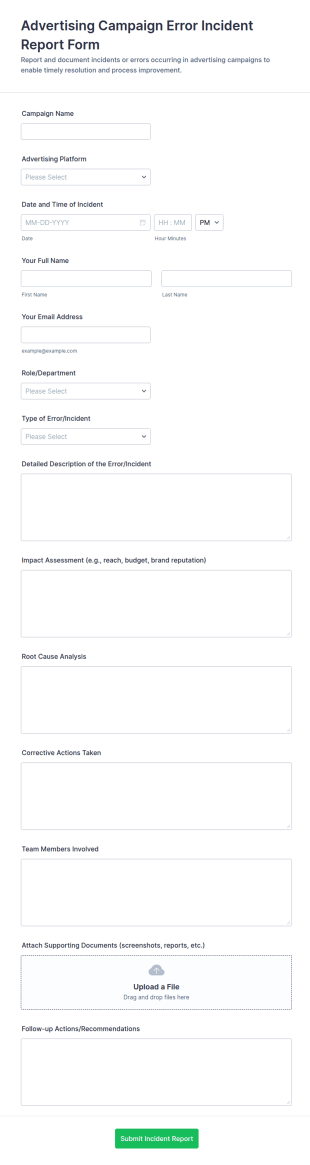 Advertising Campaign Error Incident Report Form Template