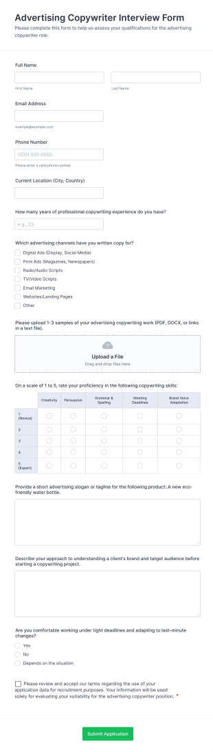 Advertising Copywriter Interview Form Form Template