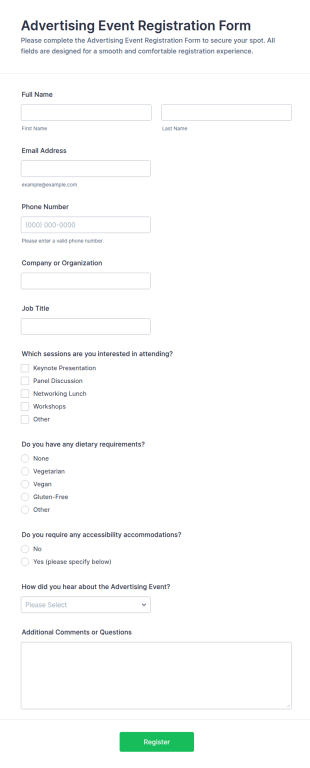 Advertising Event Registration Form Template