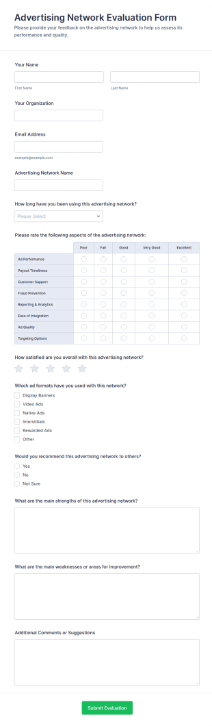 Advertising Network Evaluation Form Template