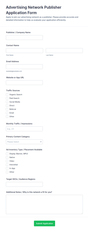 Advertising Network Publisher Application Form Template
