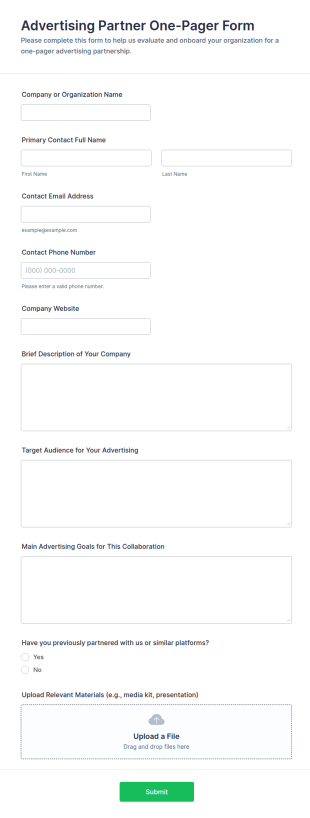 Advertising Partner One Pager Form Template