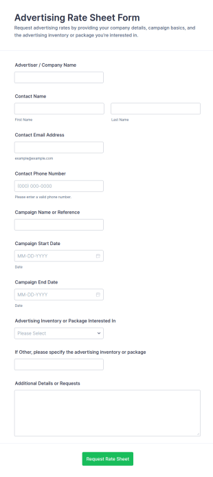Advertising Rate Sheet Form Template