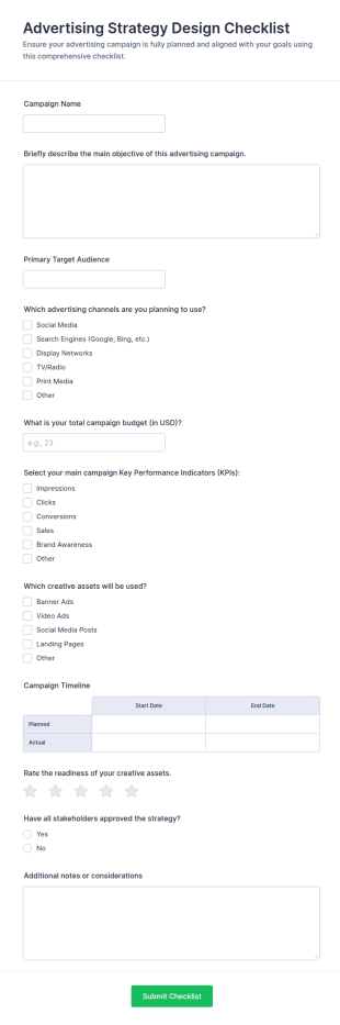 Advertising Strategy Design Checklist Form Template