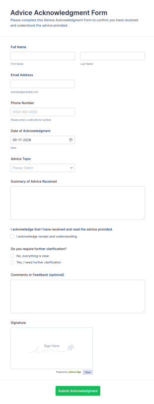 Advice Acknowledgment Form Template