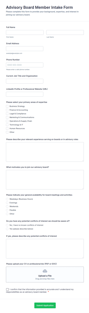 Advisory Board Member Intake Form Template