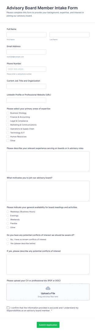 Advisory Board Member Intake Form Template