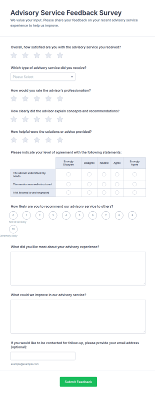 Advisory Service Feedback Survey Form Template