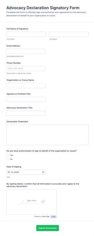 Advocacy Declaration Signatory Form Template