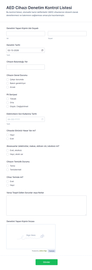 AED Cihazı Denetim Kontrol Listesi Form Şablonu