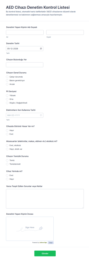 AED Cihazı Denetim Kontrol Listesi Form Şablonu