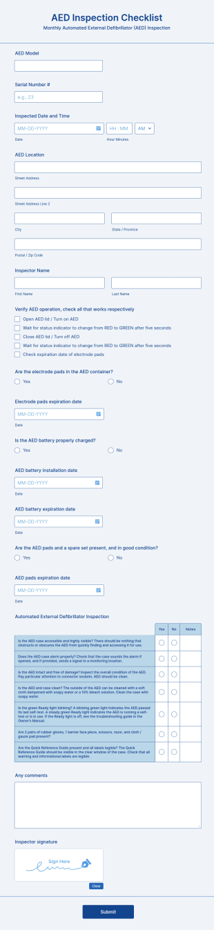 AED Inspection Checklist Form Template