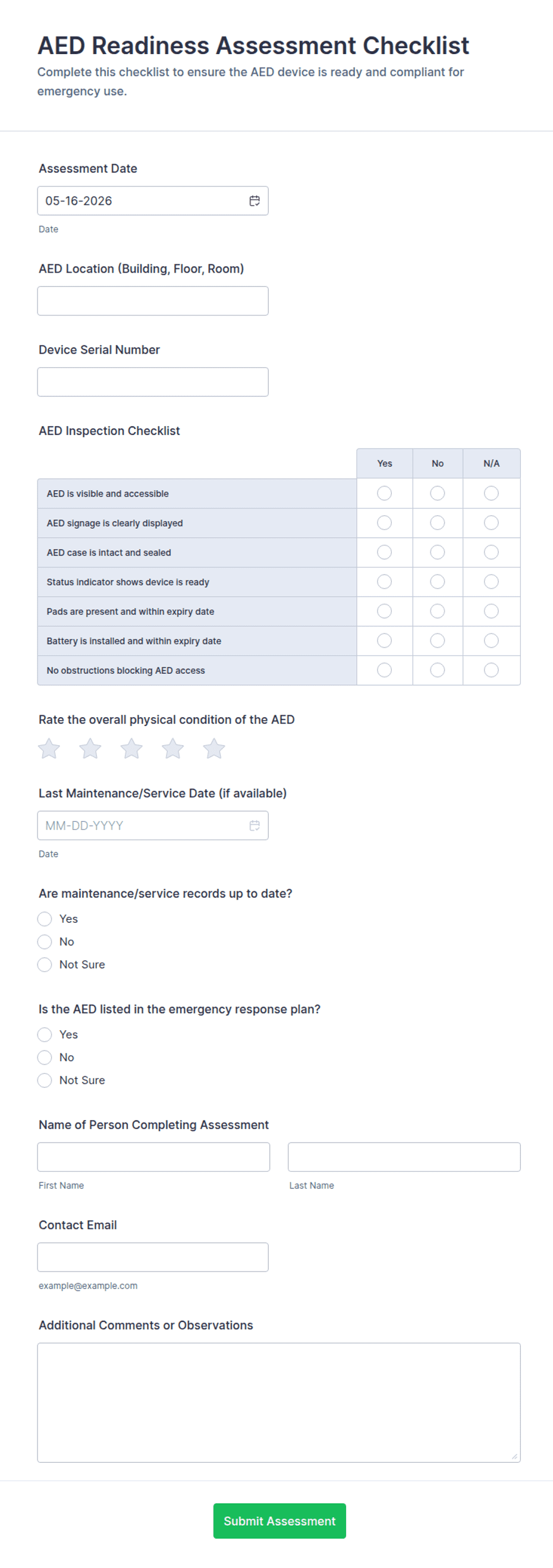 AED Readiness Assessment Checklist Form Template | Jotform