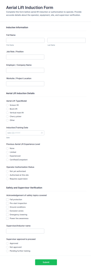 Aerial Lift Induction Form Template