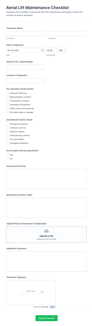 Aerial Lift Maintenance Checklist Form Template
