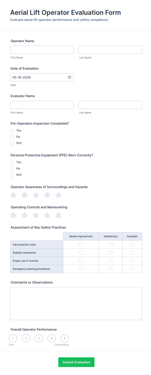 Aerial Lift Operator Evaluation Form Template