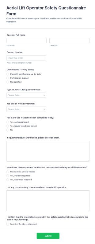 Aerial Lift Operator Safety Questionnaire Form Template