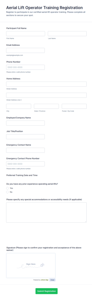 Aerial Lift Operator Training Registration Form Template