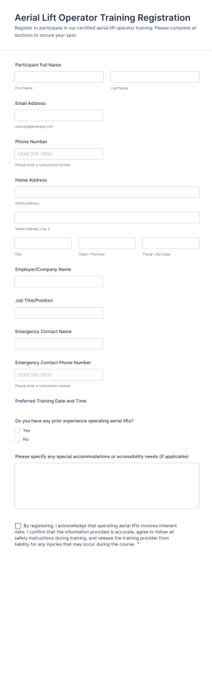 Aerial Lift Operator Training Registration Form Template
