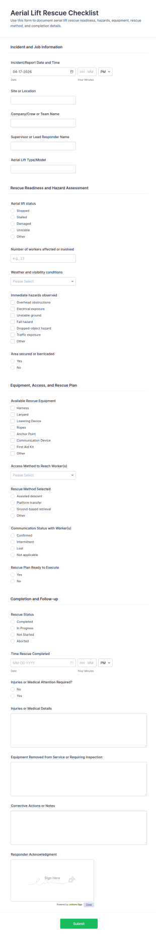 Aerial Lift Rescue Checklist Form Template