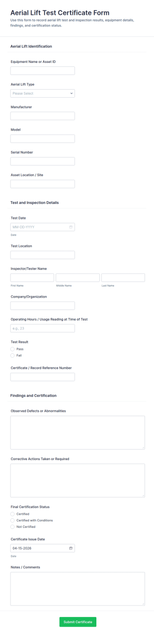 Aerial Lift Test Certificate Form Template