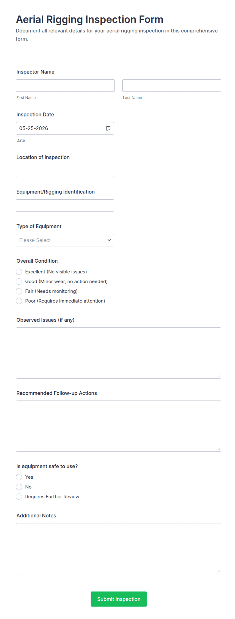 Aerial Rigging Inspection Form Template | Jotform
