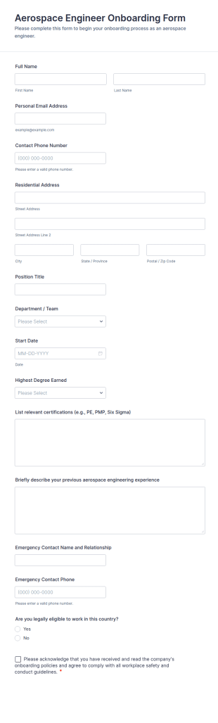 Aerospace Engineer Onboarding Form Template