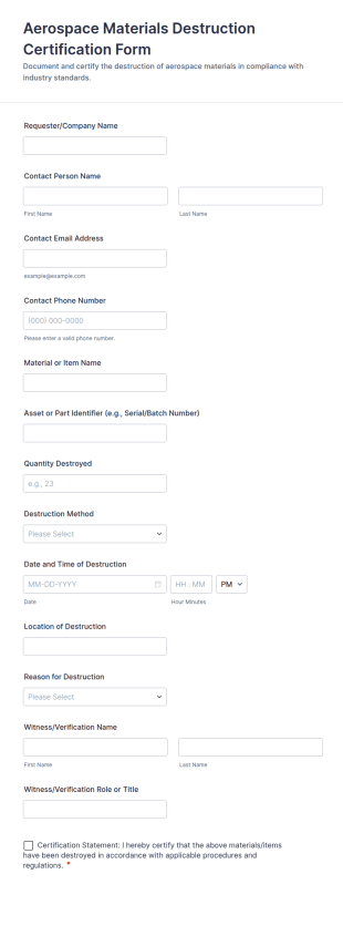 Aerospace Materials Destruction Certification Form Template
