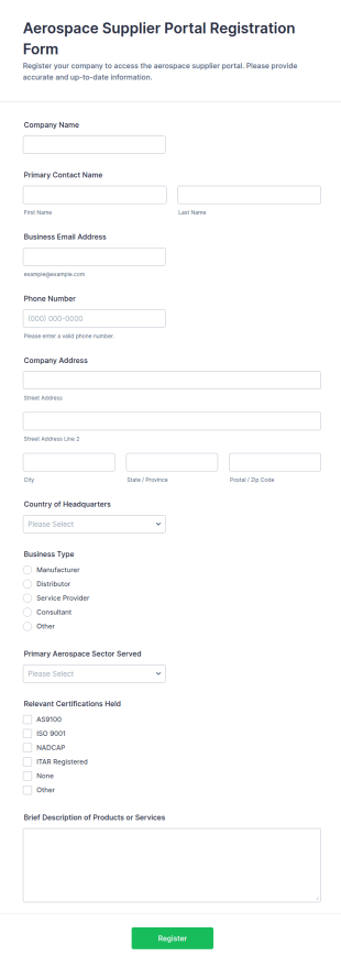 Aerospace Supplier Portal Registration Form Template