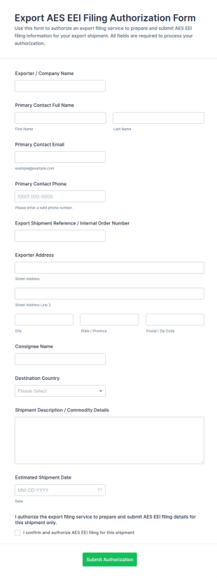 AES EEI Filing Export Authorization Form Template