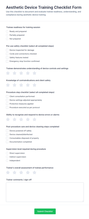Aesthetic Device Training Checklist Form Template