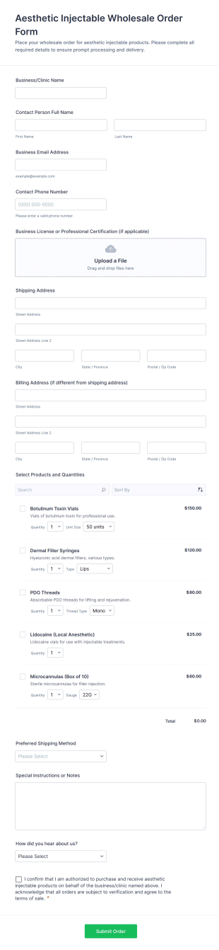 Aesthetic Injectable Wholesale Order Form Template