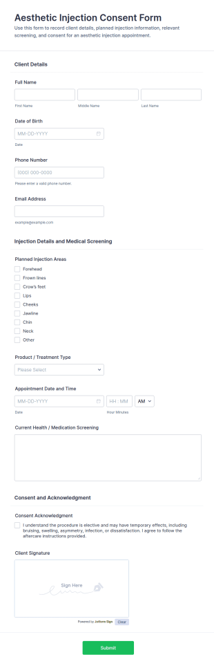 Aesthetic Injection Consent Form Template