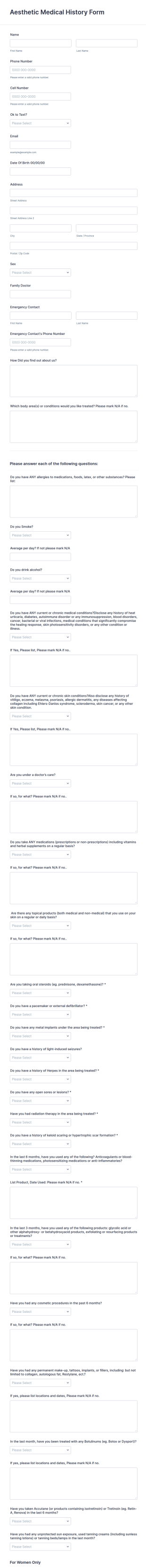 Aesthetic Medical History Form Template