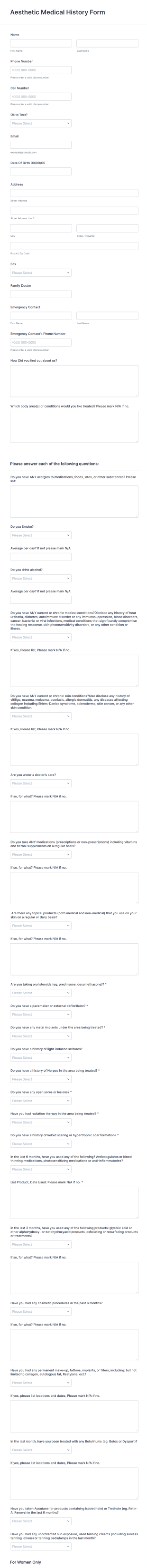 Aesthetic Medical History Form Template