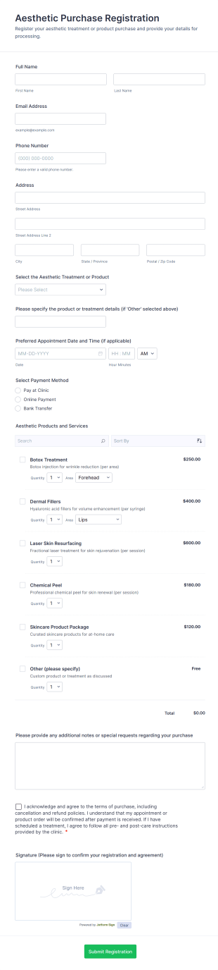 Aesthetic Purchase Registration Form Template