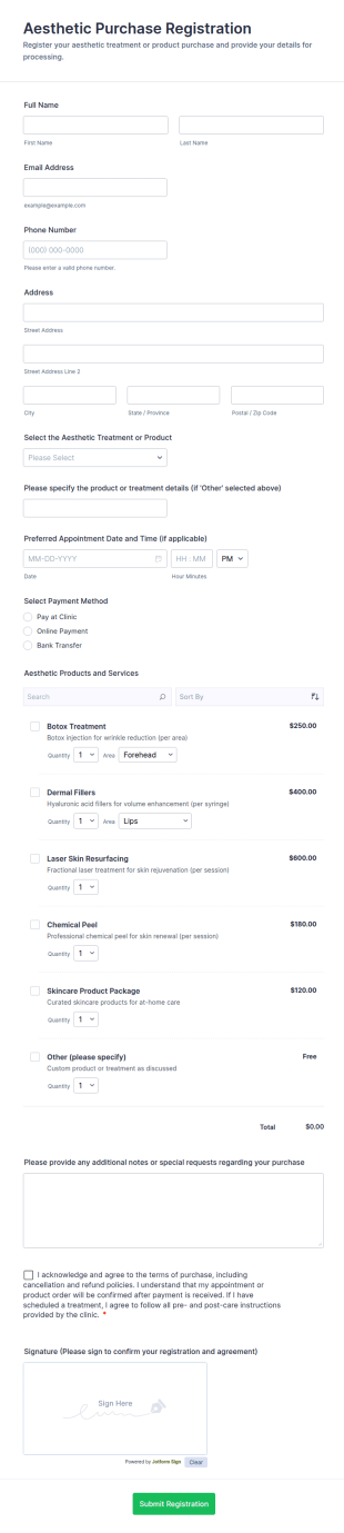 Aesthetic Purchase Registration Form Template