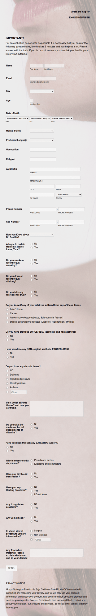 Aesthetic Surgery Clinic Intake Form Template
