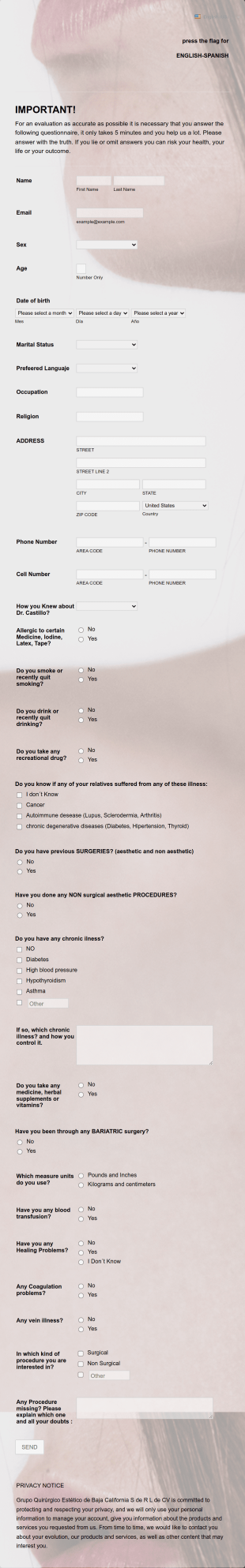Aesthetic Surgery Clinic Intake Form Template