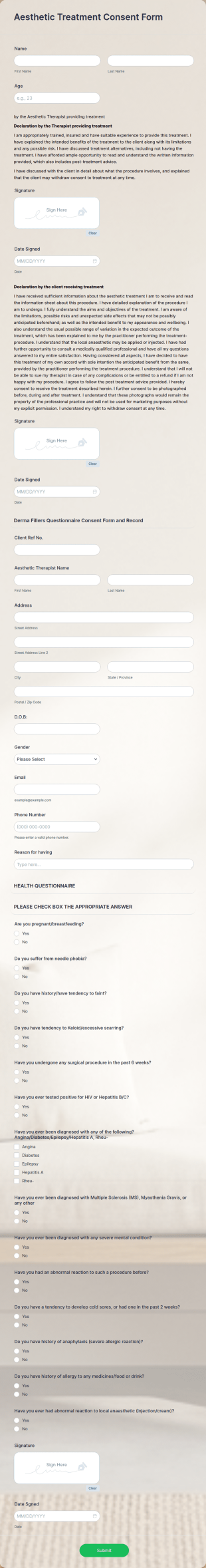 Aesthetic Treatment Consent Form Template